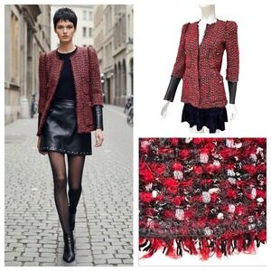 ZARA Blogger Fav Jacket Lambskin Leather Sleeve Red Black Wool Boucle Moto XS